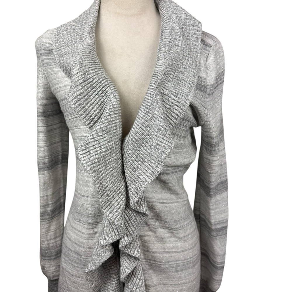 White House Black Market gray and silver ruffle cardigan sweater size small - Picture 2 of 13